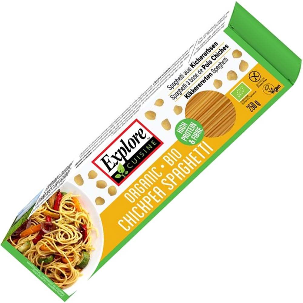 Verpackung mit Spaghetti. Aufschrift: Explore Cuisine Bio Chickpea Spaghetti. Enthält 250g. Mit Bio-Siegel.