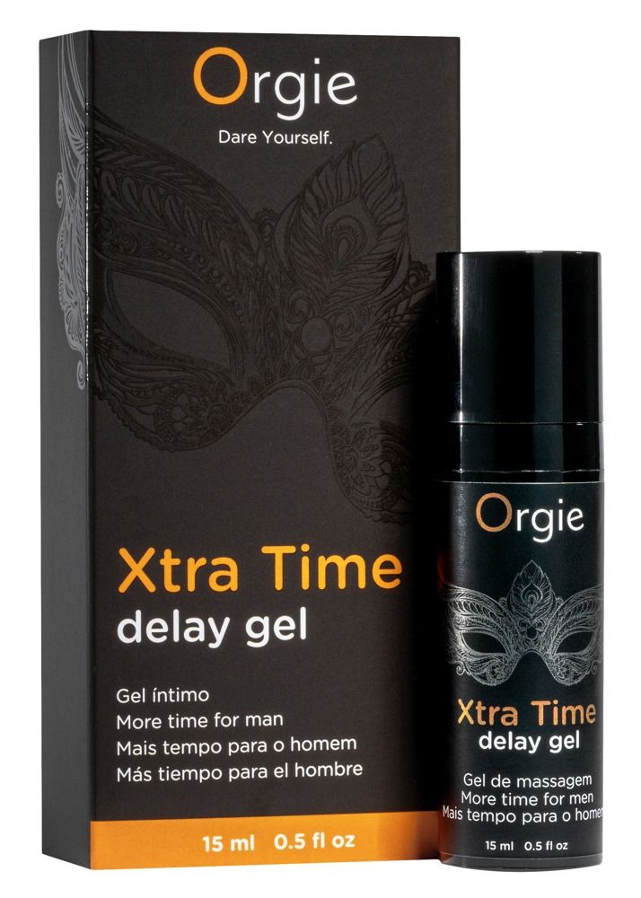 Schwarze Flasche und Verpackung. Text: Xtra Time delay gel. Marke: Orgie. Aufdruck: 15 ml 0.5 fl oz. Slogan: Dare Yourself.
