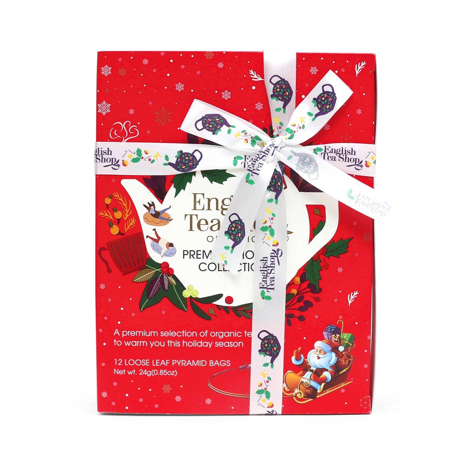 Rote Geschenkbox mit Schleife. Enthält Teebeutel. Aufdruck: English Tea Shop, Winter Kollektion. Mit Weihnachtsmotiven.