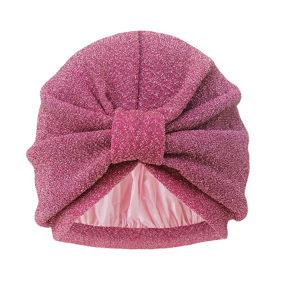 Rosa Duschhaube mit Glitzereffekt und Schleife. Innenfutter aus hellem Stoff.