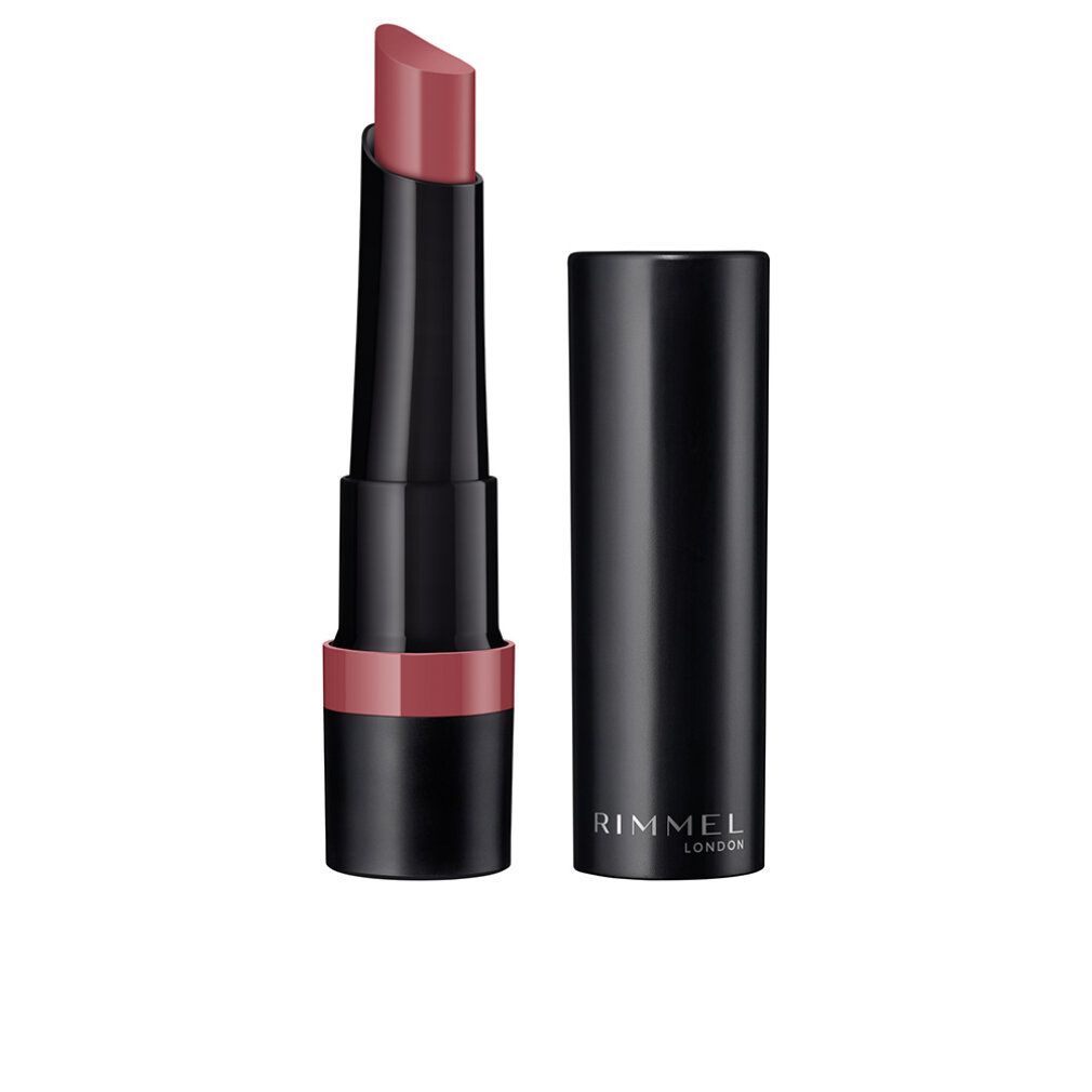 Lippenstift mit schwarzer Hülse und geöffneter Kappe. Der Lippenstift ist rosa. Auf der Hülse steht Rimmel London.