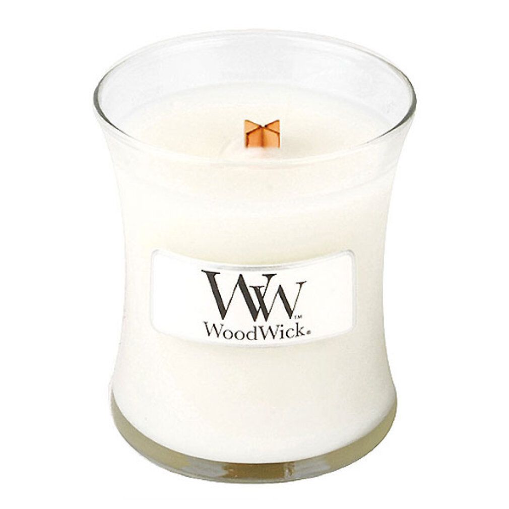 Sanduhrförmige Kerze mit Holzdocht. Etikett mit 'WoodWick'.