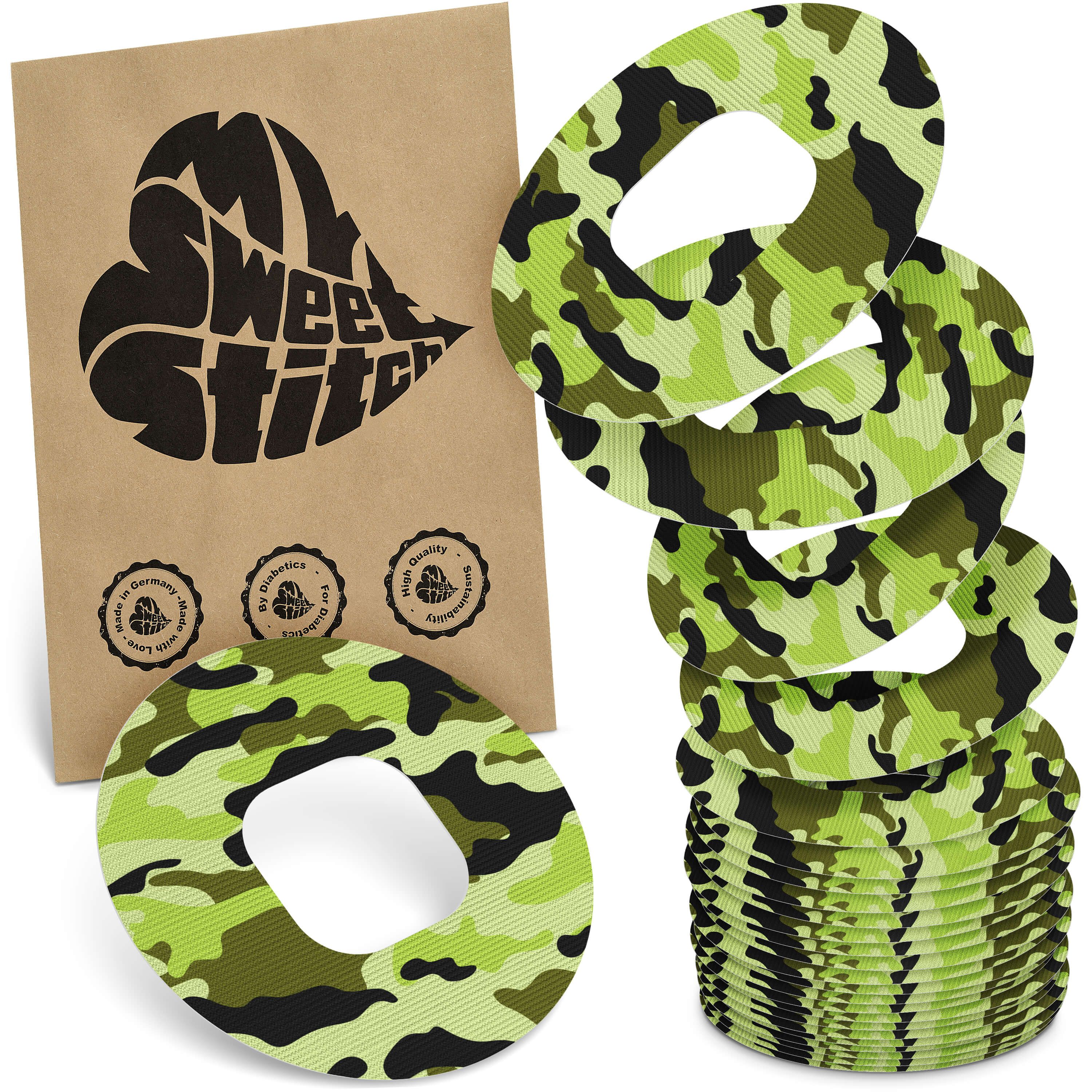 Runde Ringpflaster mit Camouflage-Muster. Verpackung mit Logo und Qualitätssiegeln. Stapel von Pflastern.