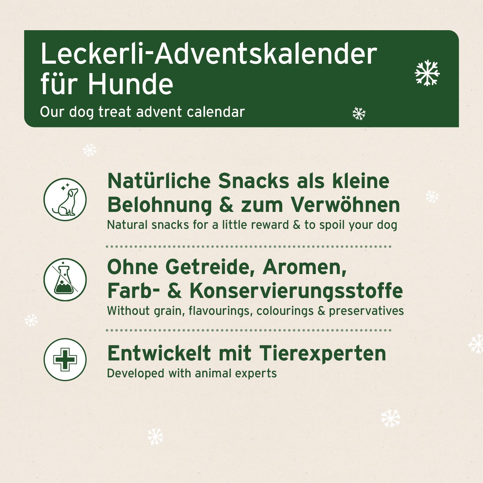 Hunde-Adventskalender mit natürlichen Snacks, ohne Getreide, Aromen, Farb- und Konservierungsstoffe.