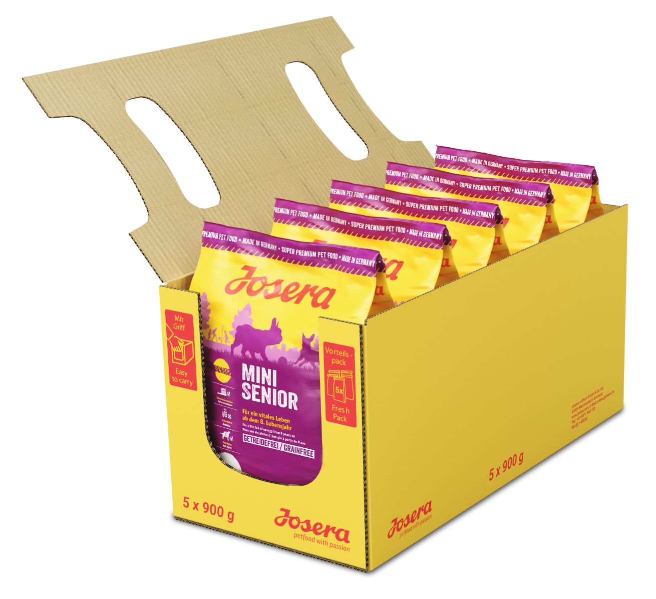 Gelber Karton mit geöffneter Klappe, gefüllt mit Beuteln "MiniSenior". Aufdruck: Logo, Produktname, Abbildung Hund.