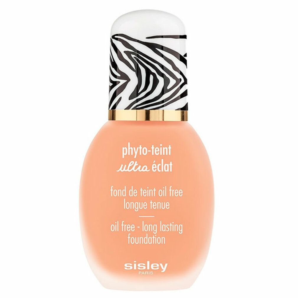 Sisley Phyto-Teint Ultra Eclat Foundation. Flasche mit Zebra-Muster-Kappe. Text: Oil free - long lasting foundation.