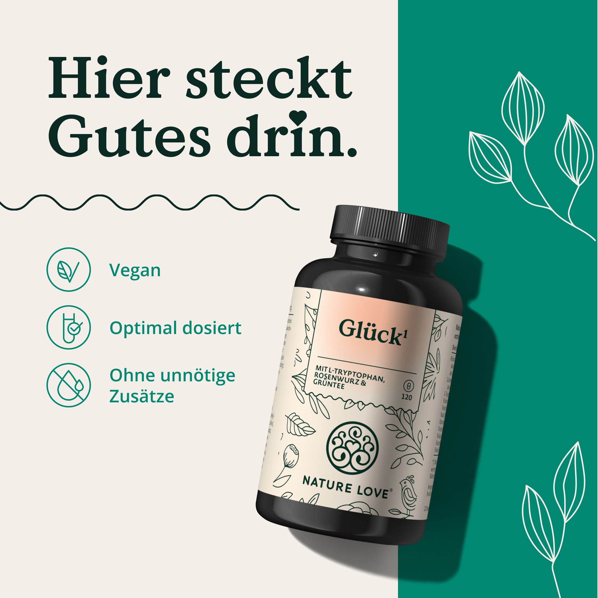 NATURE LOVE® Glück Rhodiola Rosea-Extrakt, L-Tryptophan, Rosenwurz- und Grünteeextrakt – 120 Kapseln