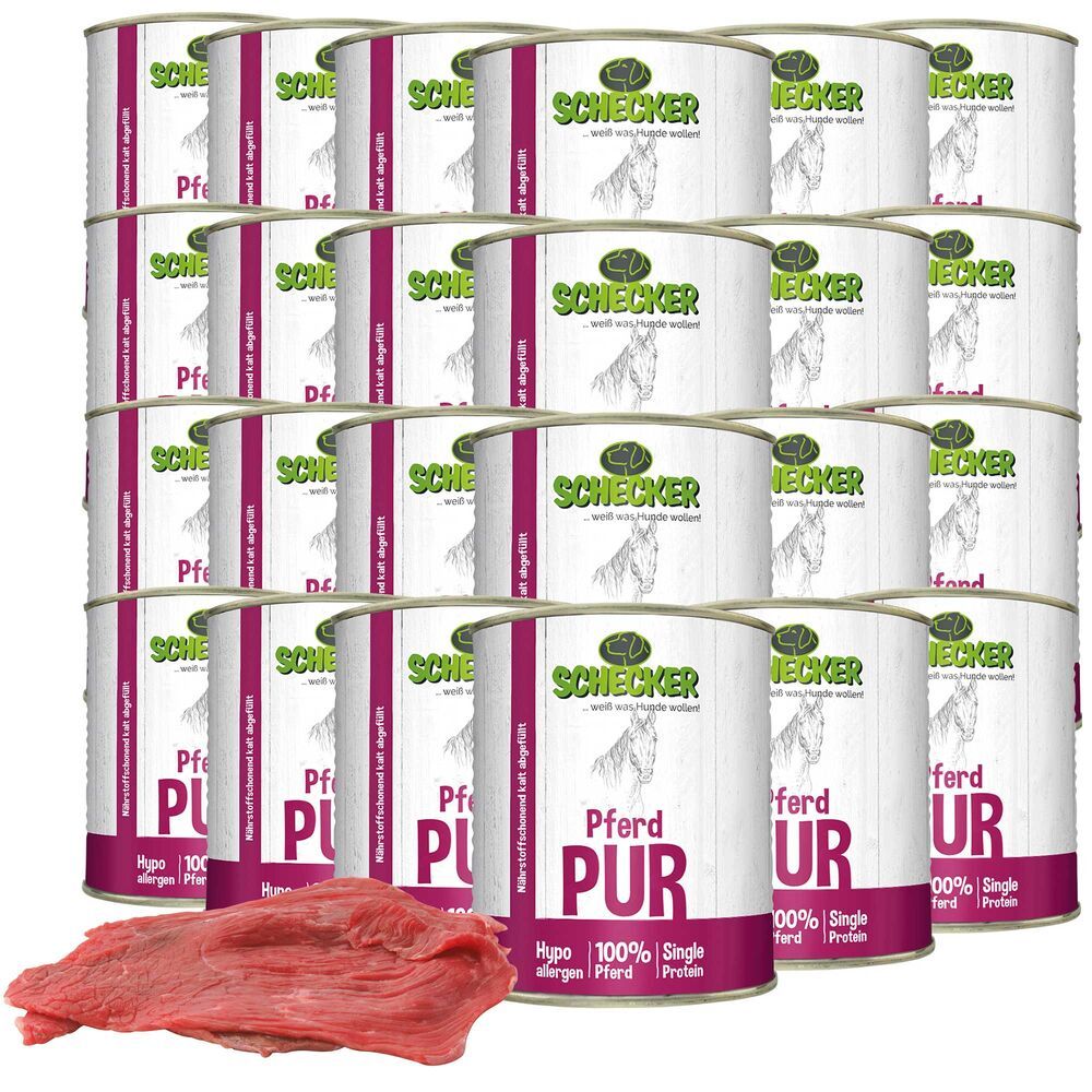 Mehrere Dosen Hundefutter "Pferd PUR" von Schecker. Rindfleisch daneben. Dosen mit Etikett, Text: "Pferd PUR", "100%", "Single Protein".