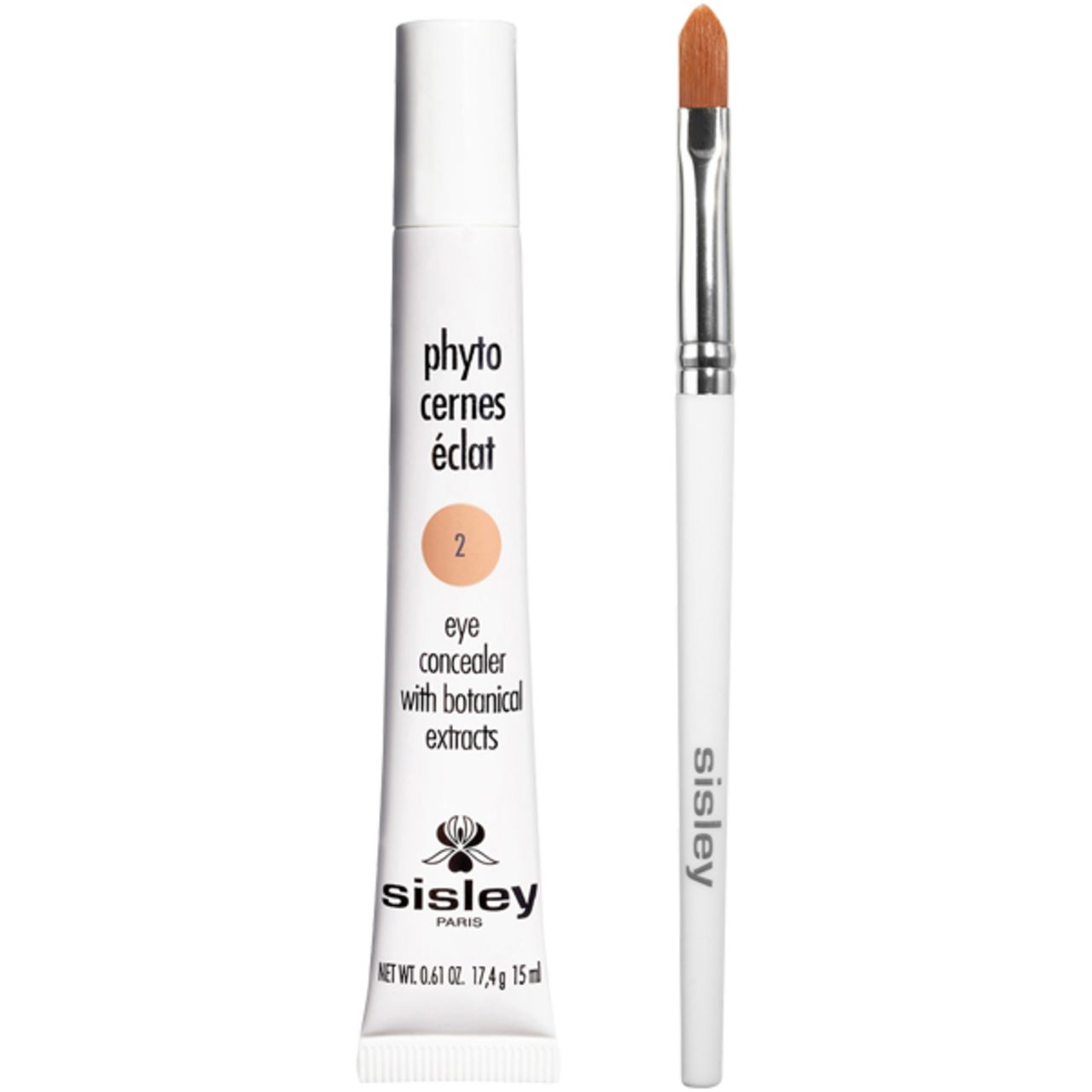 Weißer Tuben-Concealer mit Pinsel. Aufschrift: Phyto Cernes Éclat, 2, Eye Concealer. Marke: Sisley.