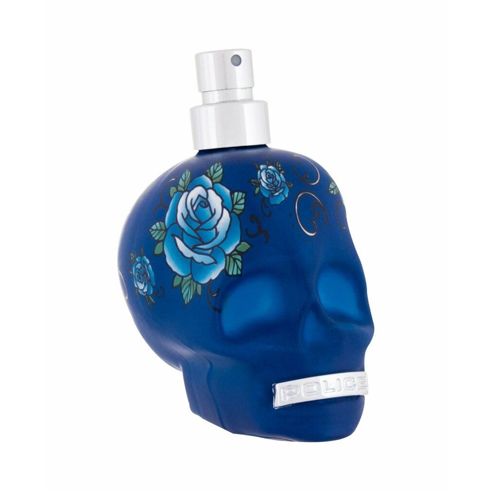 Blaue Totenkopf-Parfümflasche mit Rosen-Tattoo-Design.