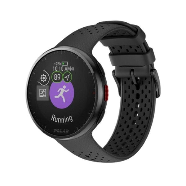 Schwarze Polar Pacer Pro Smartwatch mit Display. Zeigt Lauf-App-Symbol. Schwarzes Armband mit Löchern.