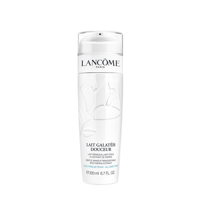 Weiße Flasche LANCÔME Galatéis Douceur Reinigungsmilch. Mit Pumpverschluss. Text: Lait Galatéis Douceur, 200 ml.