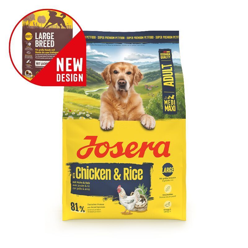Josera Huhn & Reis Large Breed Hundefutter-Sack, neues Design, mit Hund und Huhn-Grafik.