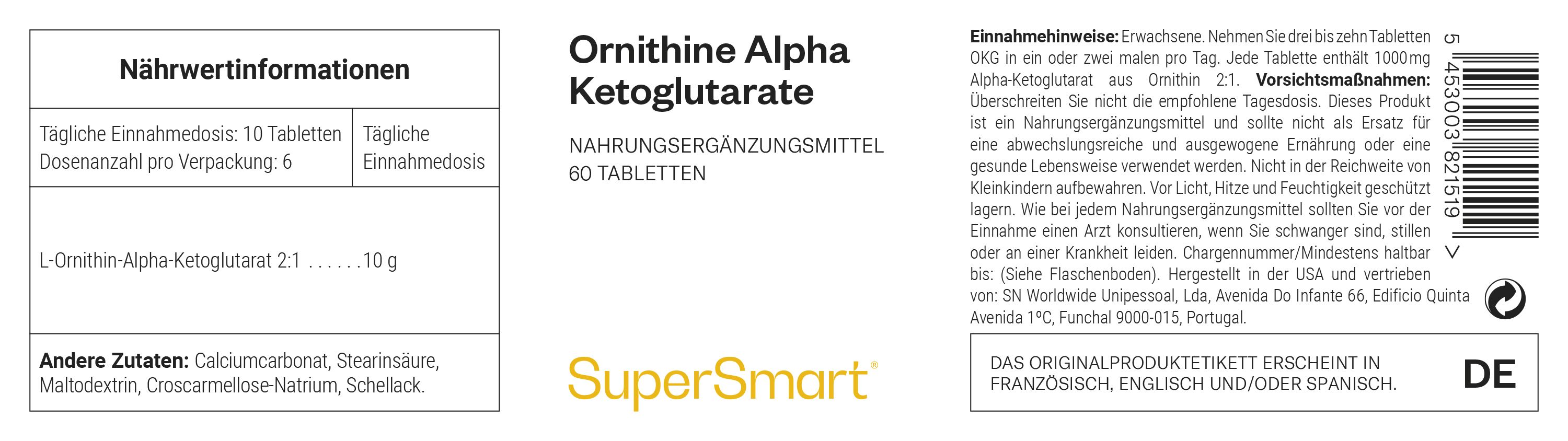 Nahrungsergänzungsmittel. Ornithin Alpha Ketoglutarat, 60 Tabletten. SuperSmart-Logo. Nährwertangaben und Inhaltsstoffe.