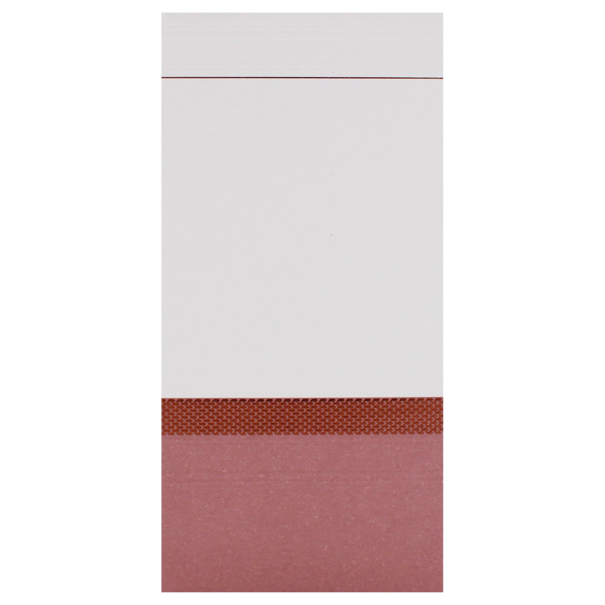 Weiße und rosa rechteckige Verpackung. Obere Hälfte weiß, untere Hälfte rosa, getrennt durch einen braunen Streifen.