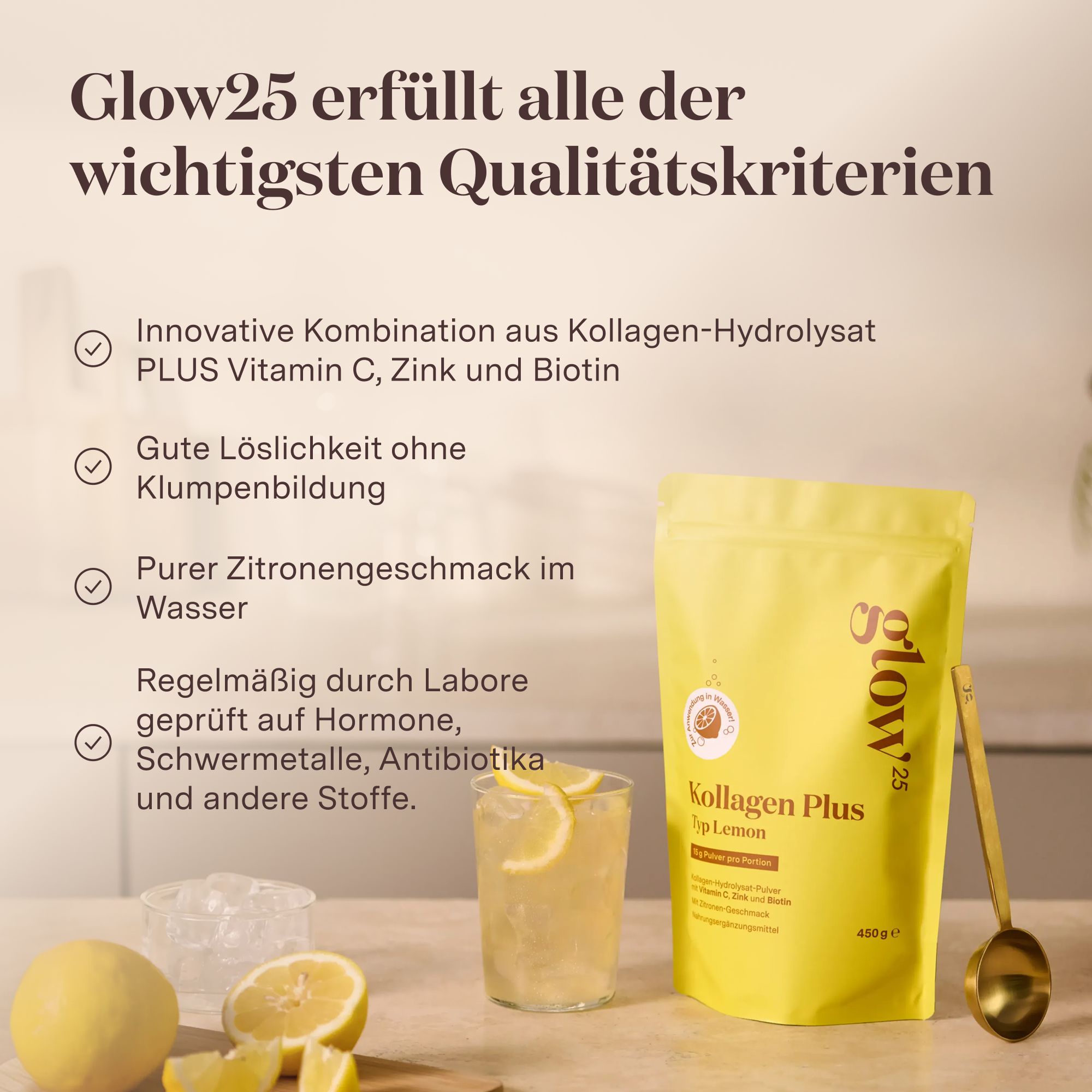 Glow25 Kollagen Plus Typ Lemon Pulver in gelber Verpackung, mit Hinweisen zu Vitamin C, Zink und Biotin.