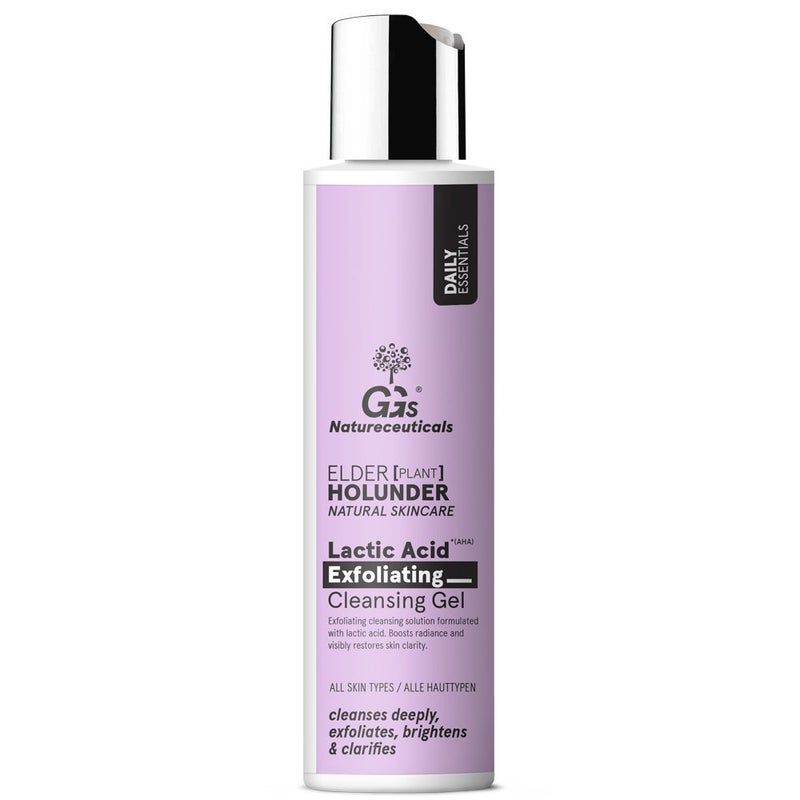 Flasche mit Reinigungsgel. Aufschrift: Lactic Acid Exfoliating Cleansing Gel. Marke: GGs Natureceuticals. Für alle Hauttypen.
