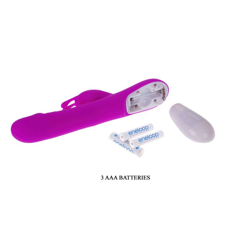 Lila Vibrator mit Klitoris-Stimulator. 3 AAA Batterien und Batteriefachdeckel daneben.