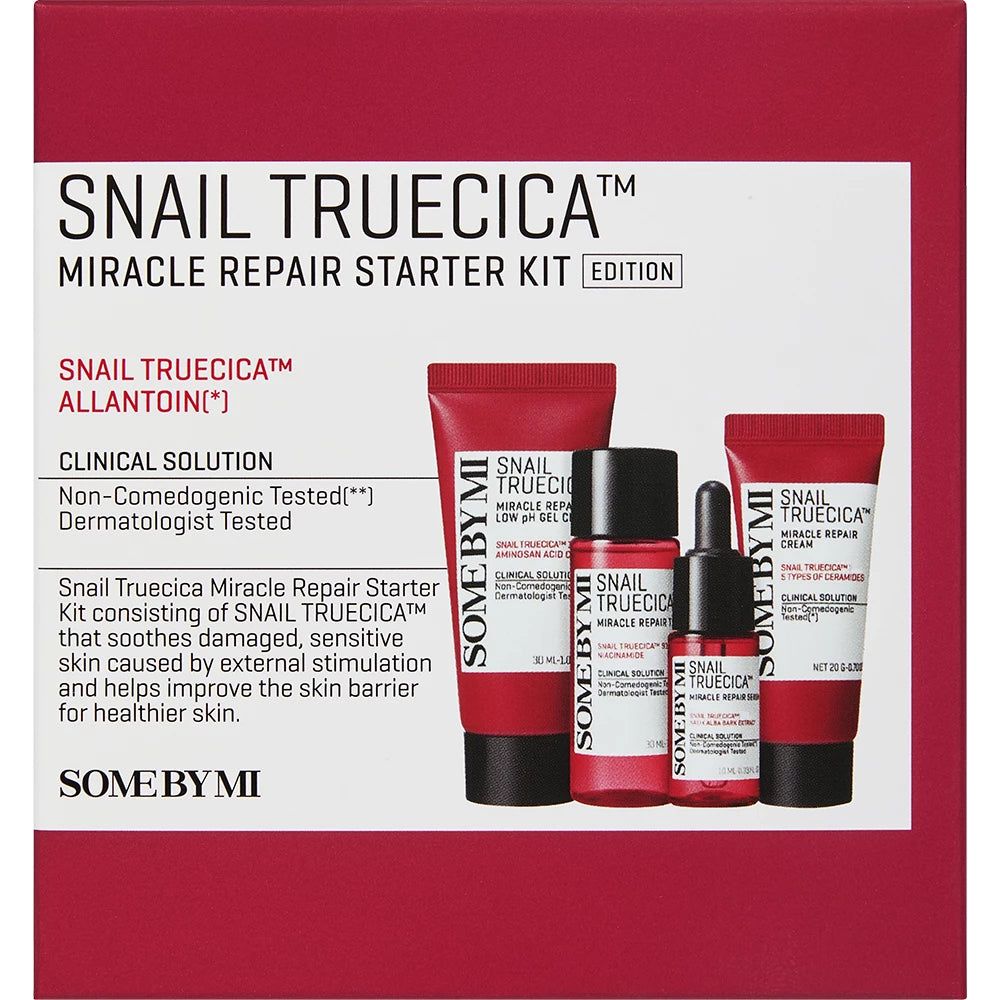 Starter-Kit mit vier Produkten in roter Verpackung. Aufschrift: Snail TrueCICA Miracle Repair Starter Kit. Text: Clinical Solution.