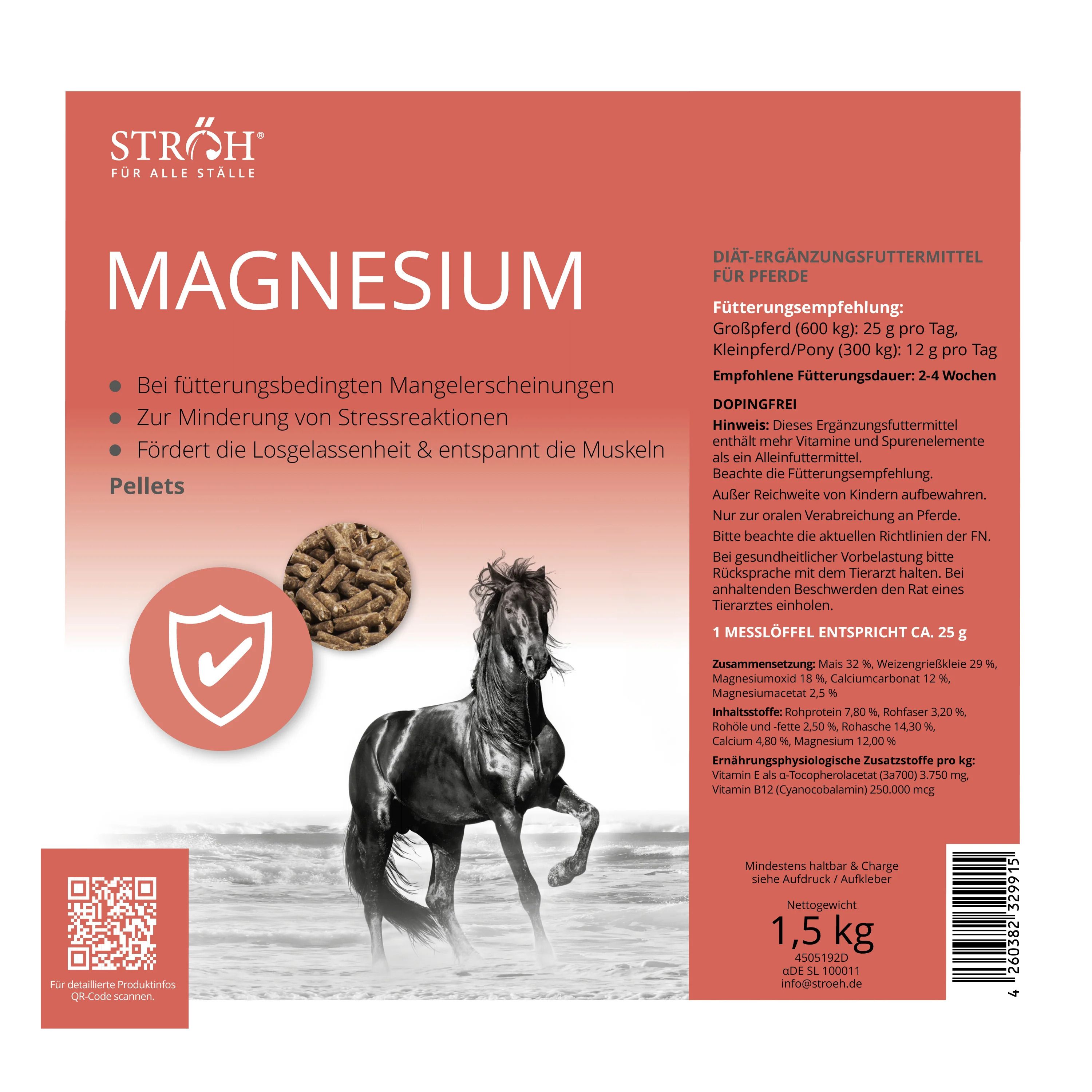 Rechteckige Verpackung mit rotem Etikett. Aufschrift: Magnesium. Abbildung eines Pferdes. Pellets und Text.