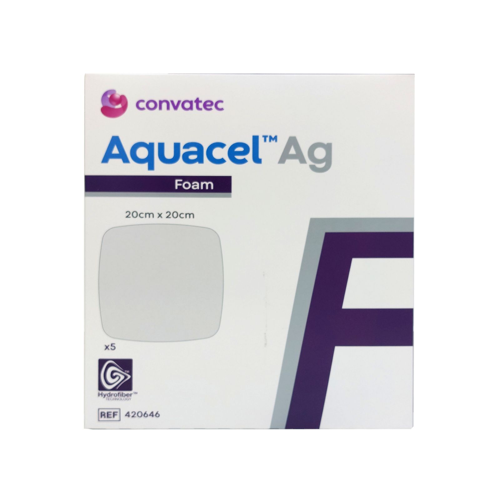 Quadratische Verpackung mit Produktnamen und Logo. Größe: 20x20cm. Enthält 5 Stück. Marke: Convatec. Produkt: Aquacel Ag Foam.