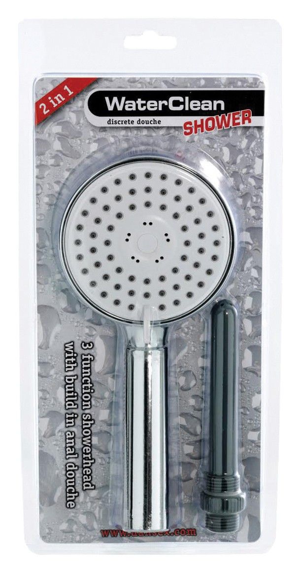 Duschkopf in Blisterverpackung. Rund, silberfarben, mit schwarzem Aufsatz. Text: WaterClean Shower, 2 in 1, discrete douche, 3 function showerhead.