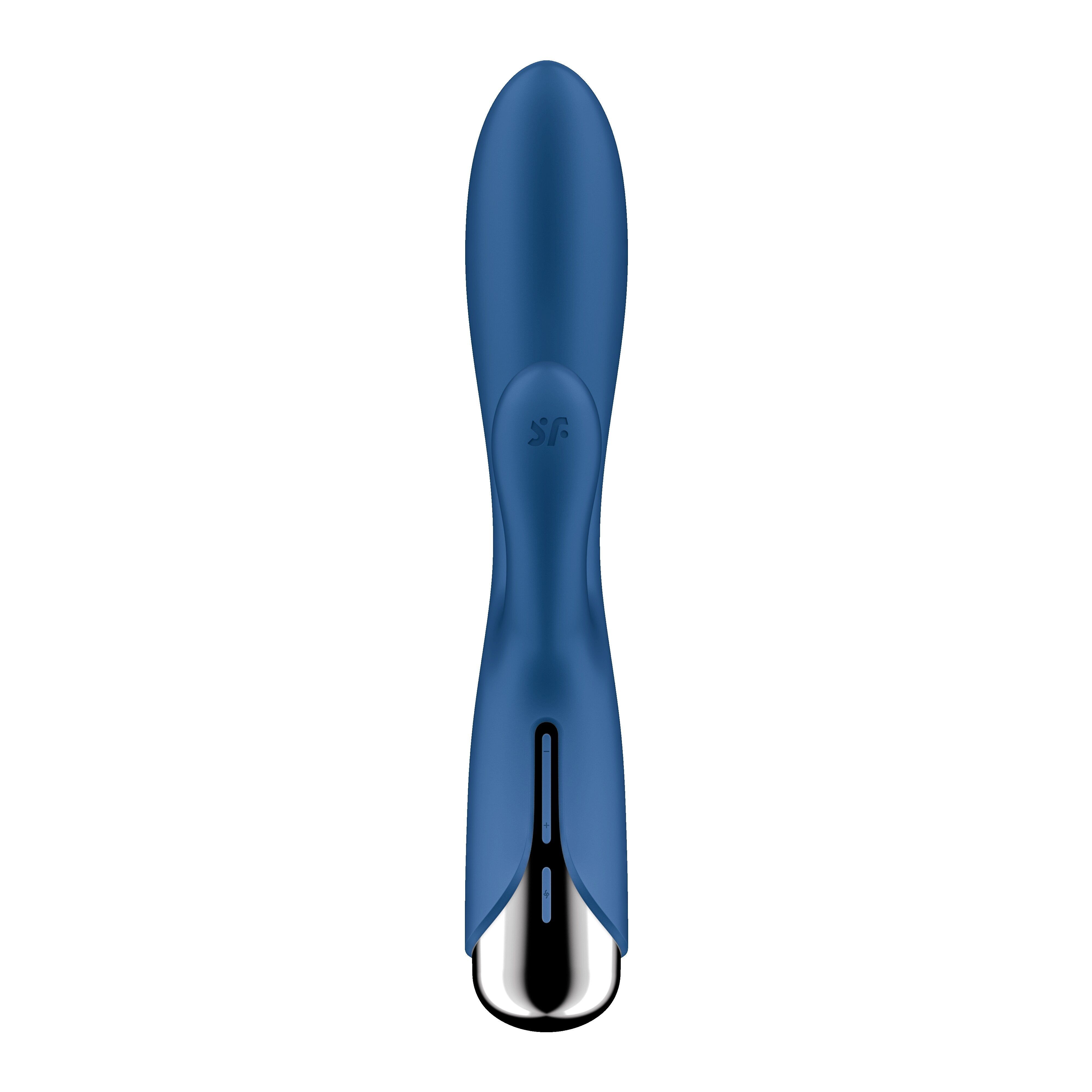 Blauer Vibrator. Silberfarbener Sockel. Form mit gebogenem Element.