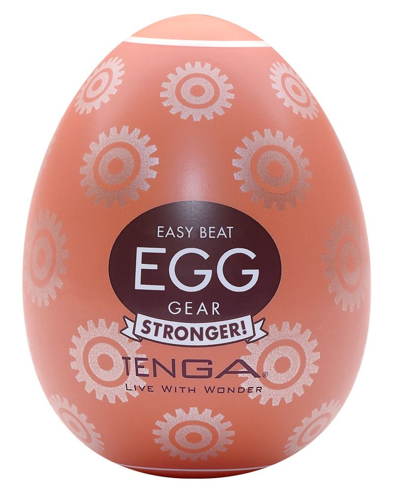 Ei-förmiges Produkt mit Zahnradmuster. Aufschrift: "EASY BEAT EGG GEAR STRONGER!" und "TENGA LIVE WITH WONDER".