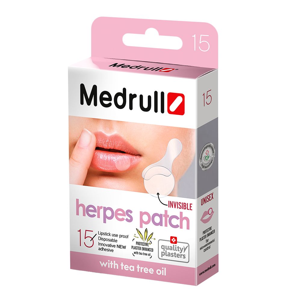 Verpackung Medrull Herpespflaster, 15 Stück. Unsichtbar, unisex, lippenstiftbeständig.