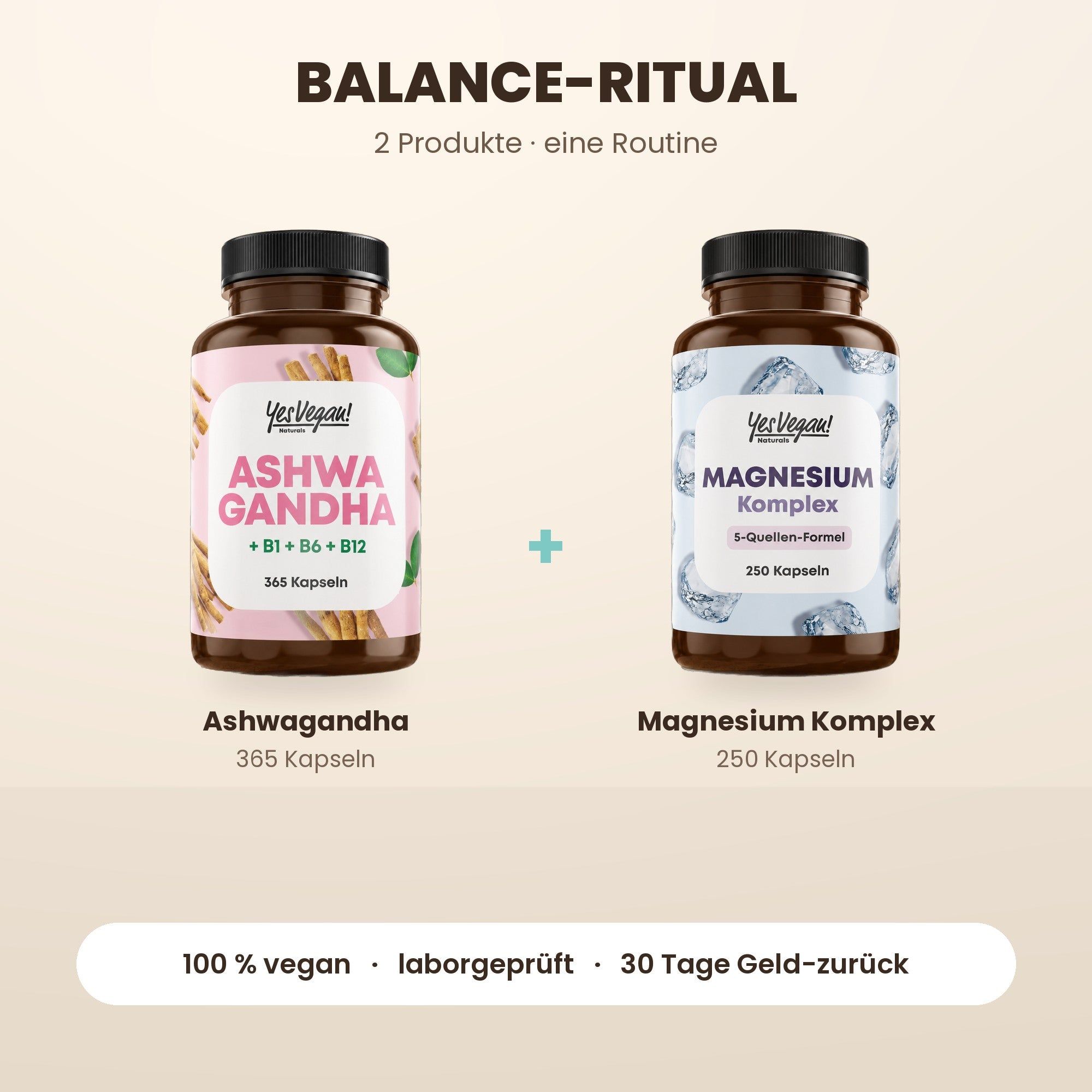 Zwei Flaschen Nahrungsergänzungsmittel: Ashwagandha (365 Kapseln) und Magnesium Komplex (250 Kapseln).