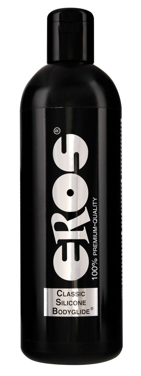 Schwarze Flasche mit weißem "EROS"-Logo und "Classic Silicone Bodyglide"-Etikett. "100% Premium Quality" Text.