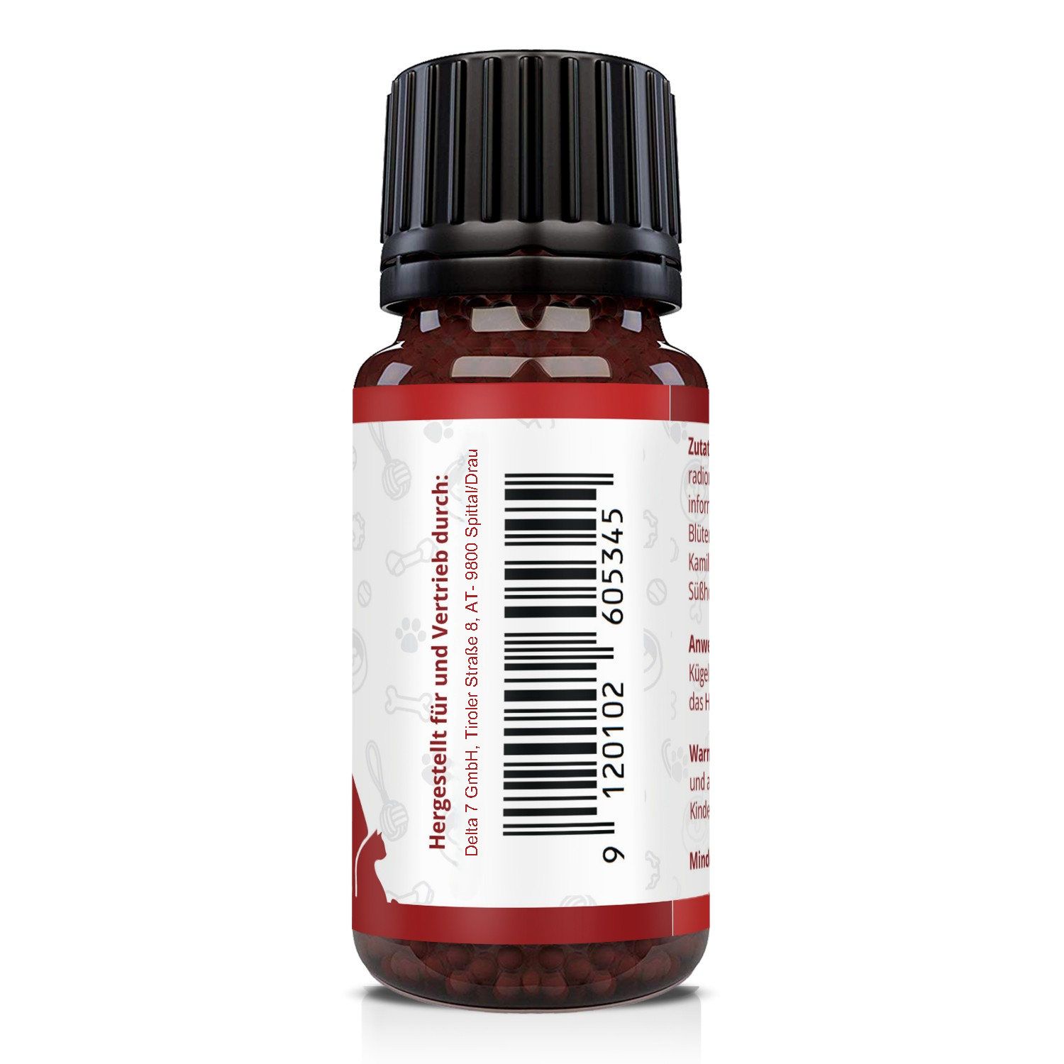 Braune Glasflasche mit schwarzem Deckel. Rückseite mit Barcode und Herstellerinformationen: Delta 7 GmbH, Tiroler Straße 8, AT-8800 Spital/Drau.