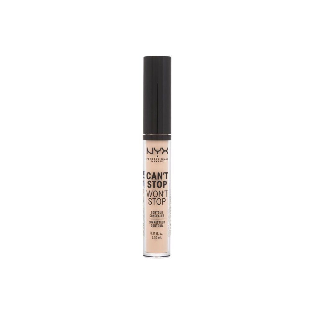 NYX Can't Stop Won't Stop Concealer in hellem Hautton. Schwarzer Deckel, transparente Flasche mit Etikett.