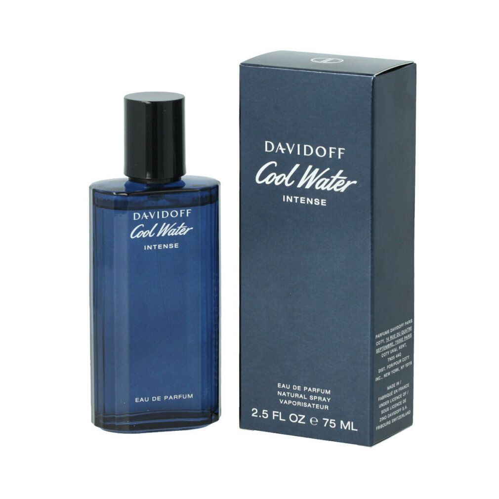 Davidoff Cool Water Intense Eau de Parfum Spray und Verpackung. Blaue Flasche und Schachtel. Produktname.
