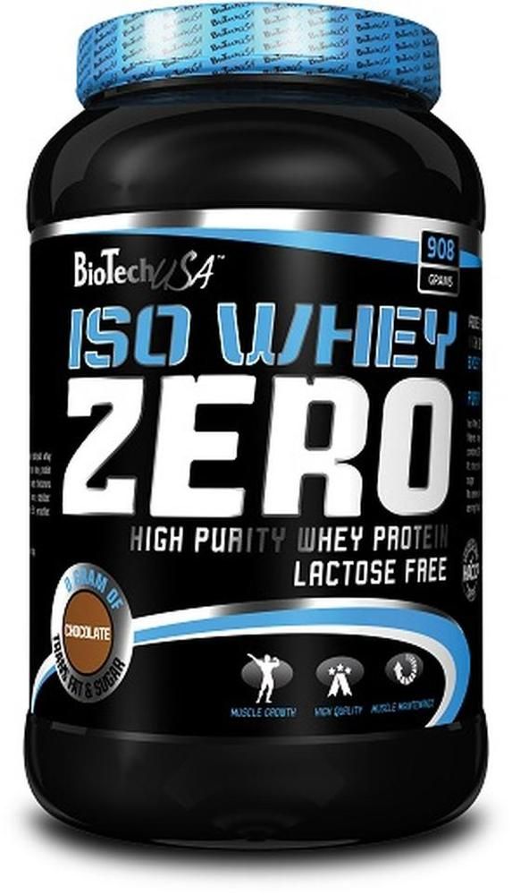 Schwarze Dose Biotech USA Iso Whey Zero. Blaue Kappe, blaue und weiße Schrift. Enthält 908 Gramm. Laktosefrei.