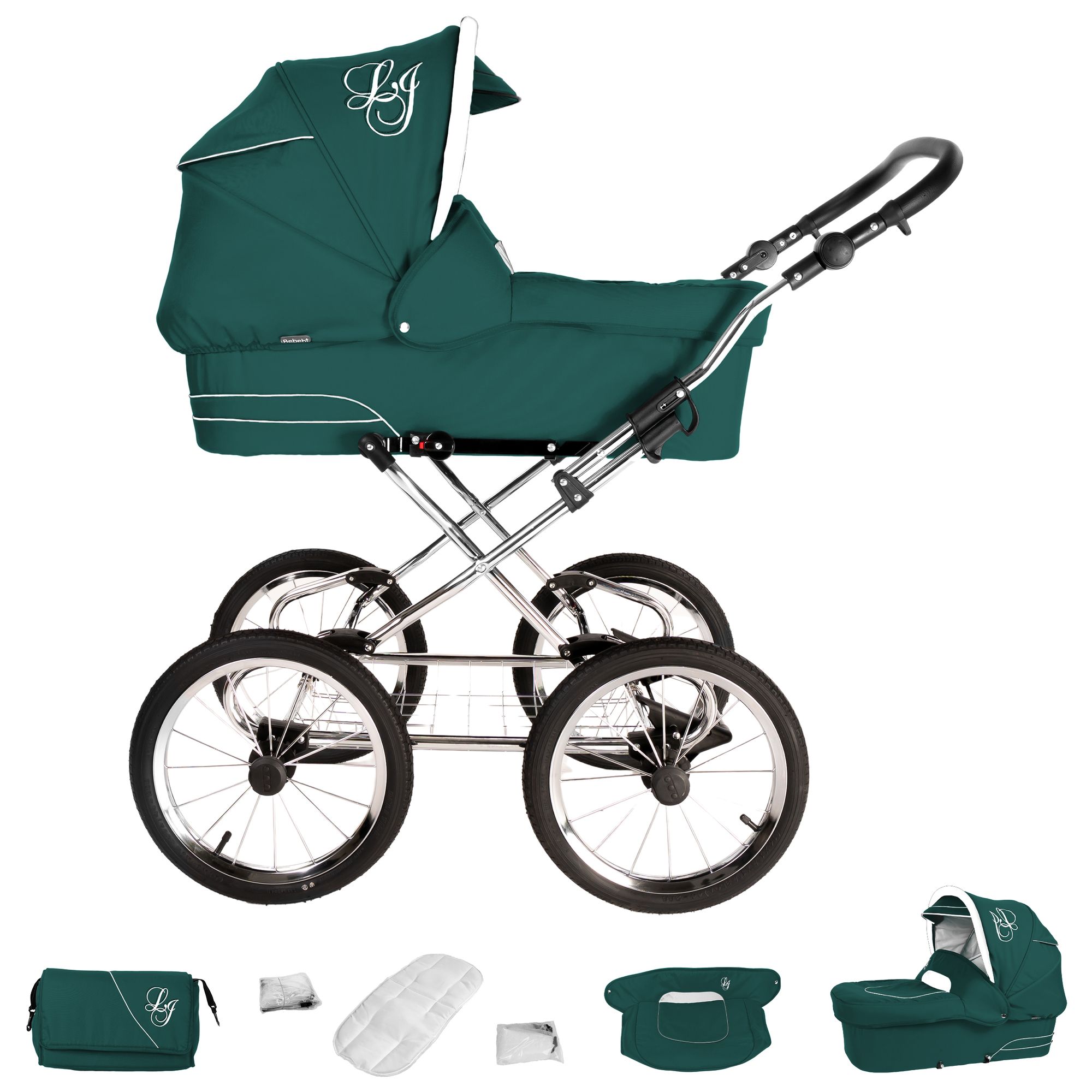 Grüner Kinderwagen mit silbernem Gestell und Zubehör. Logo 'LG' auf der Haube. Verschiedene Komponenten.