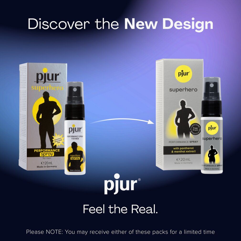 Verpackungsdesign-Vergleich: pjur SUPERHERO Performance Spray für Männer.