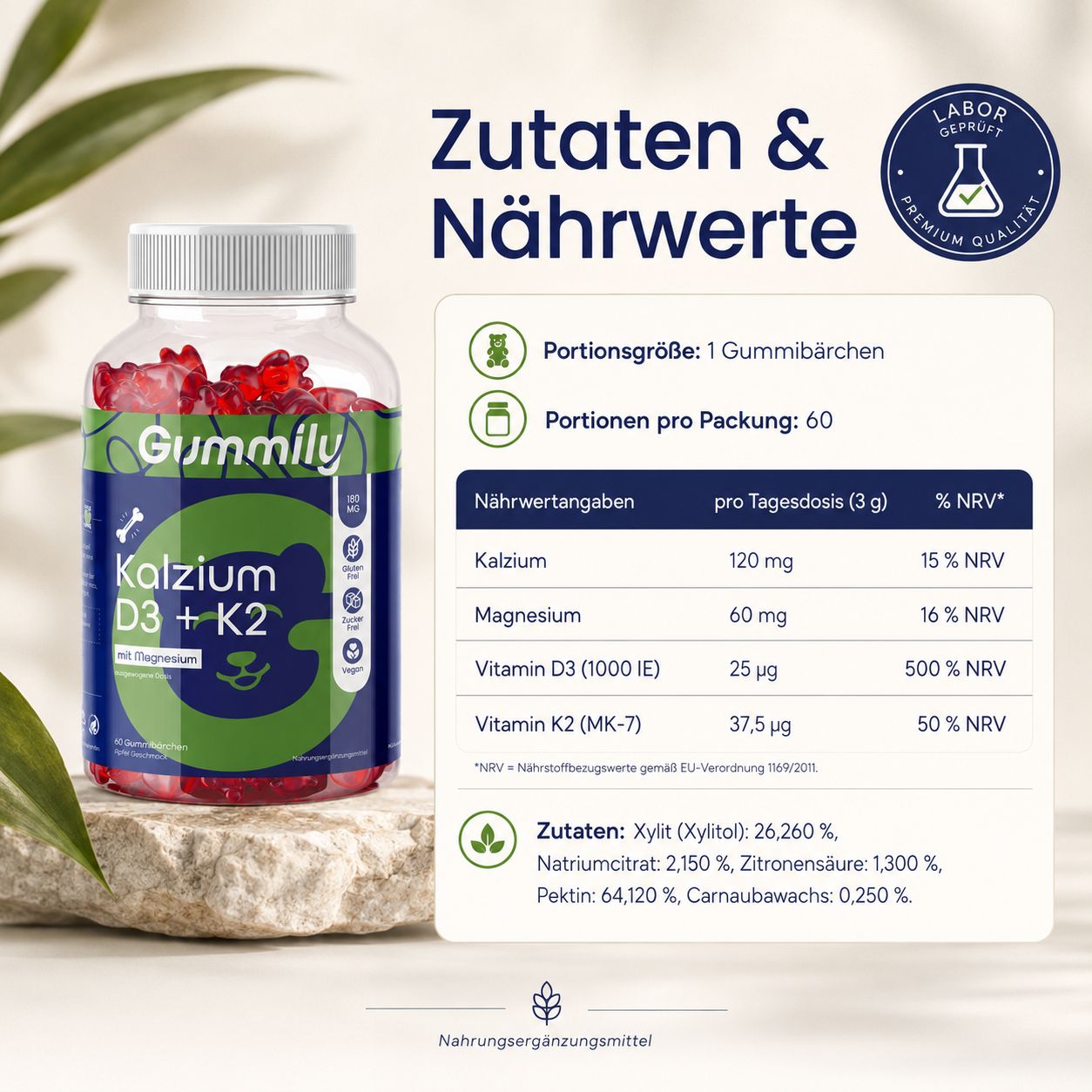 Gummily Kalzium D3+K2 Glas neben Nährwerttabelle und Zutatenliste.
