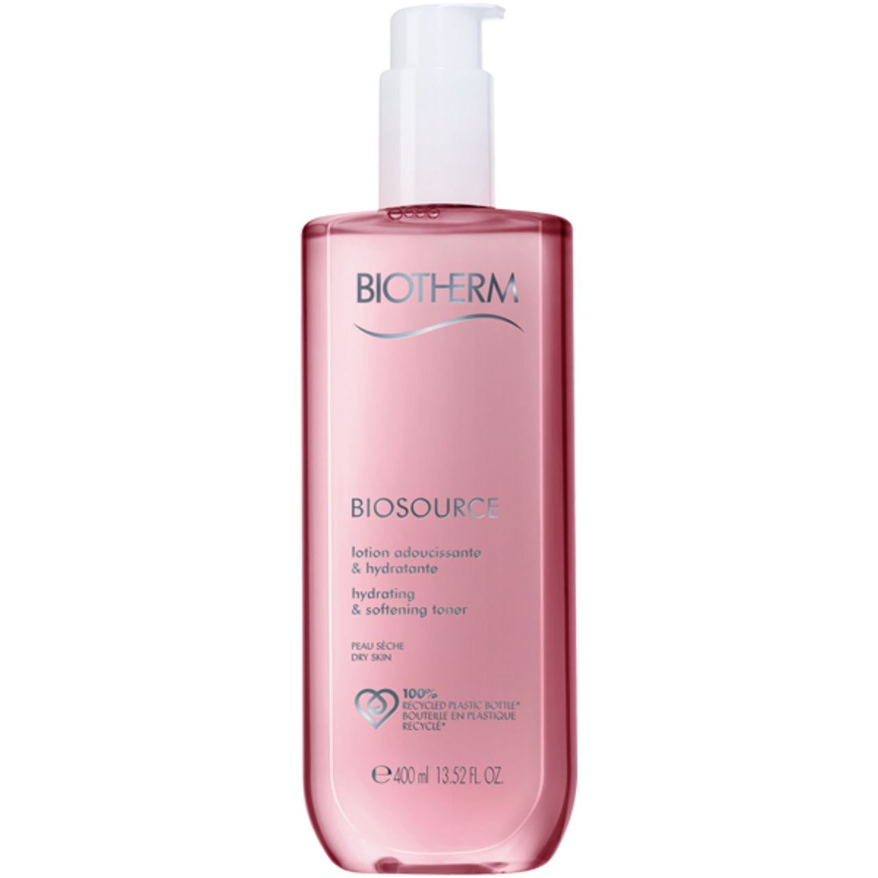 Rosa Flasche mit weißem Pumpverschluss. Aufschrift BIOTHERM und BIOSOURCE. Enthält 400ml. Lotion für trockene Haut.