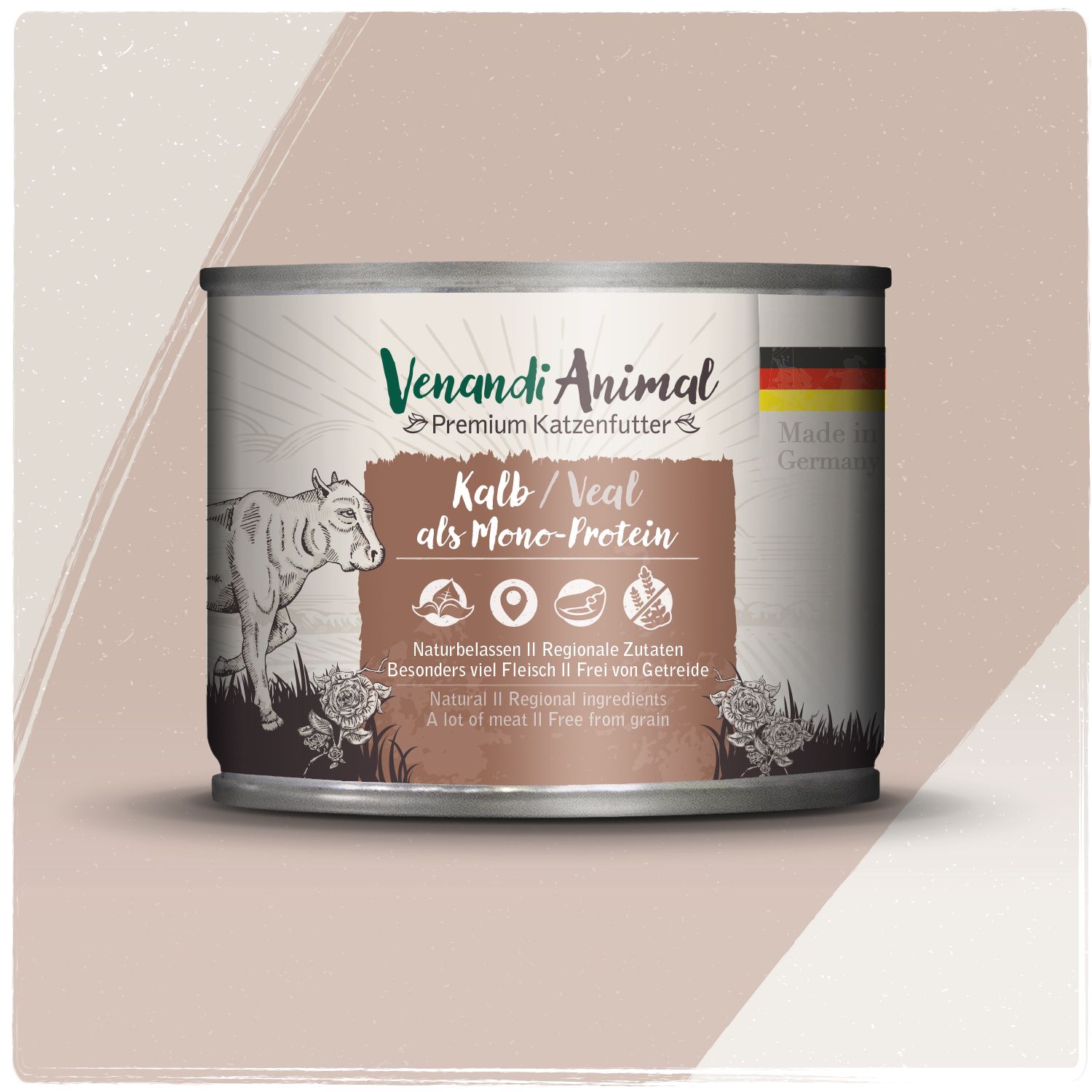 Hundefutter-Dose Venandi Animal Kalb als Mono-Protein. Mit Rinderabbildung und deutschen Flaggen-Symbol.