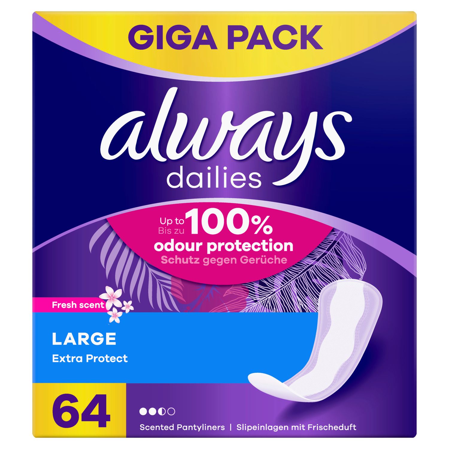 Always Dailies Gigapack Slipeinlage Extra Protect Large Fresh. Verpackung mit 64 Slipeinlagen. Lila-gelbes Design mit Produktinformationen.