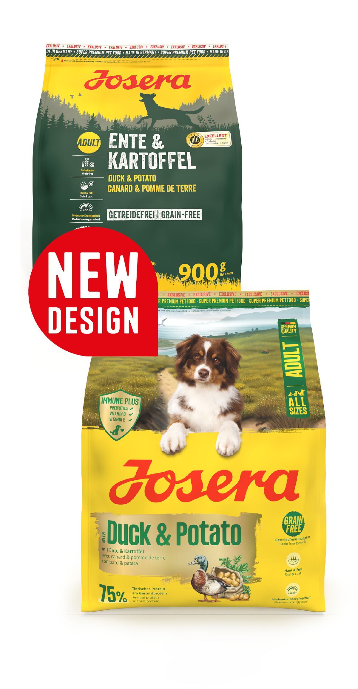 Zwei JOSERA Adult Ente & Kartoffel Verpackungen. Eine mit neuem Design. Text: Getreidefrei, 900g.