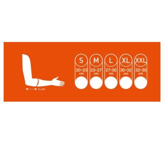 Orangefarbene Karte mit Größenangaben für Ellbogenbandagen. Größen S bis XXL mit Umfangsmaßen.