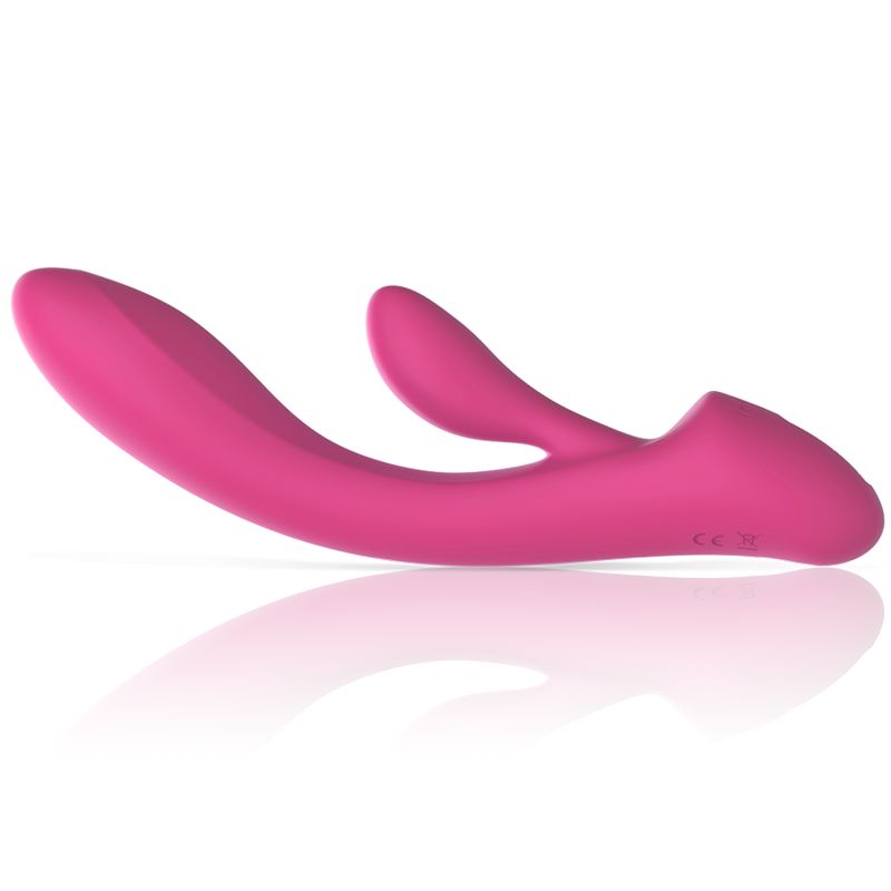 Rosa Vibrator aus Silikon. Gebogene Form mit zwei Vorsprüngen. CE-Zeichen.