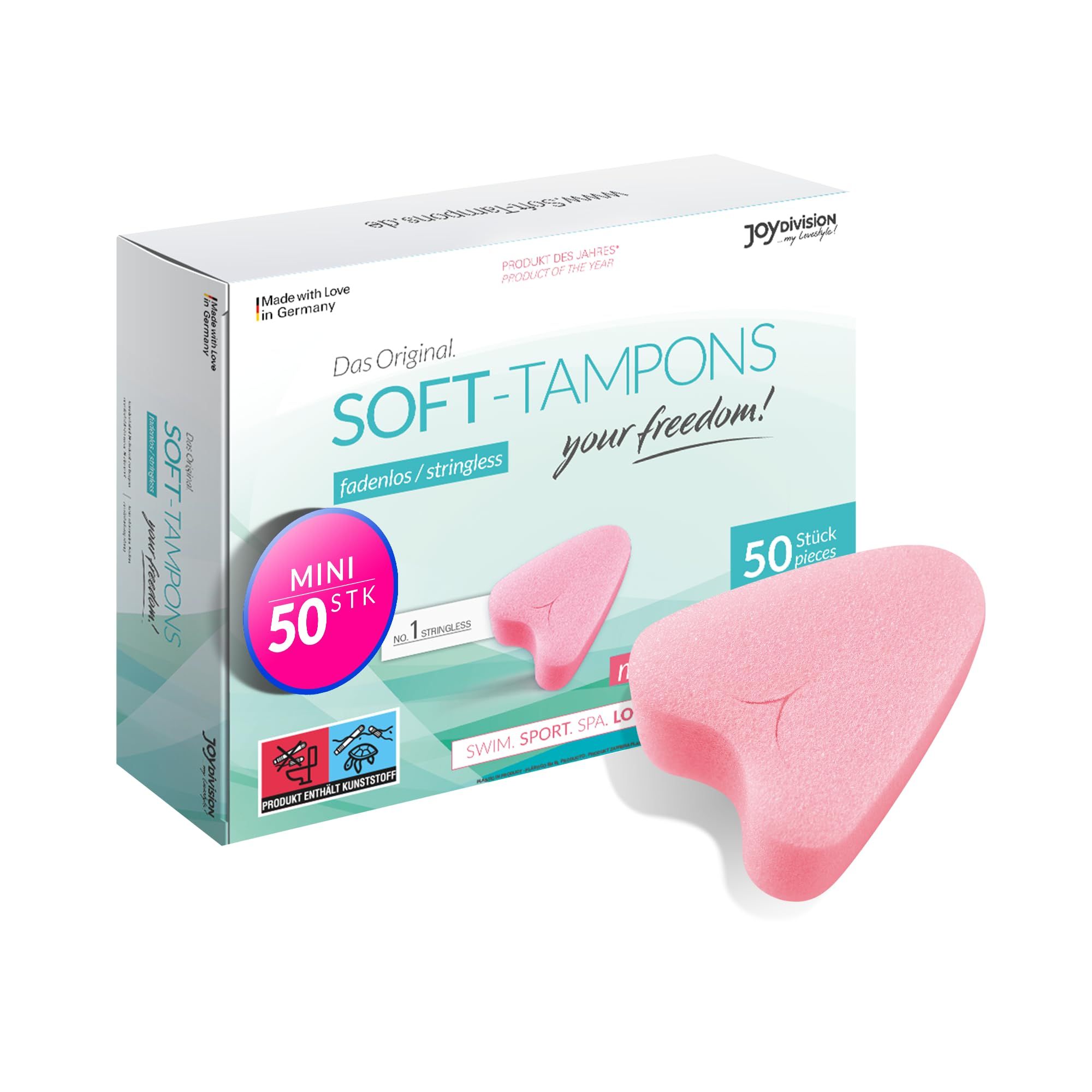Soft Tampons mini Packung mit 50 Stück. Ein Tampon ist rosa und herzförmig.