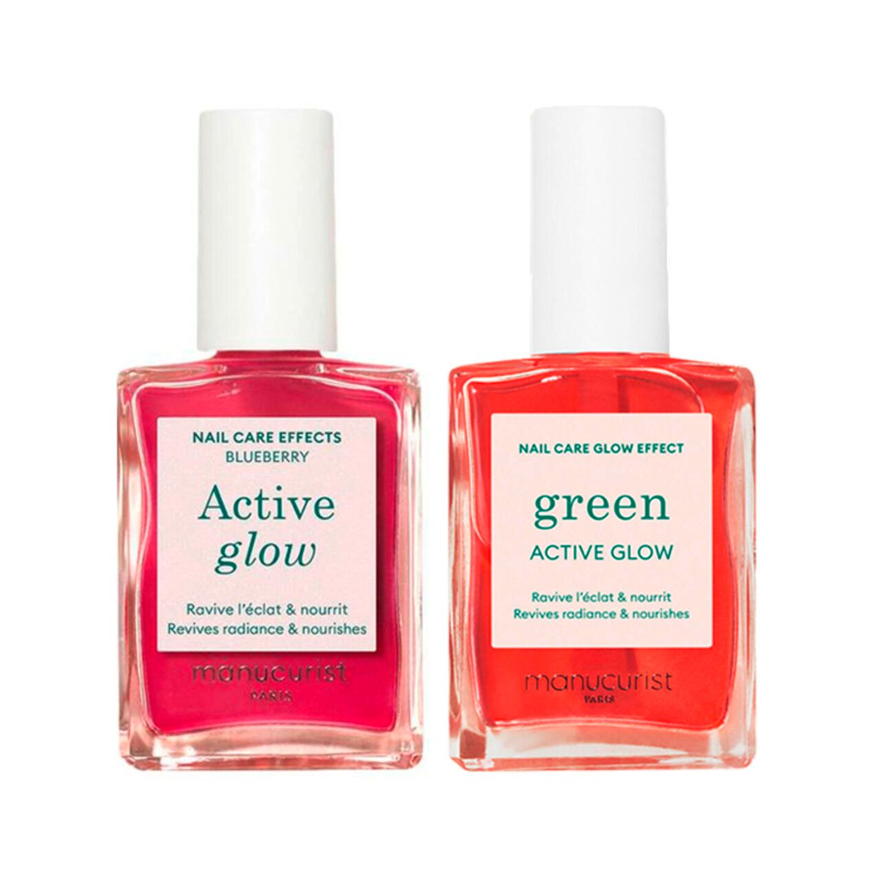 Zwei Nagellackflaschen. Eine pinkfarbene mit der Aufschrift "Active glow", die andere orangefarbene mit "green Active glow".