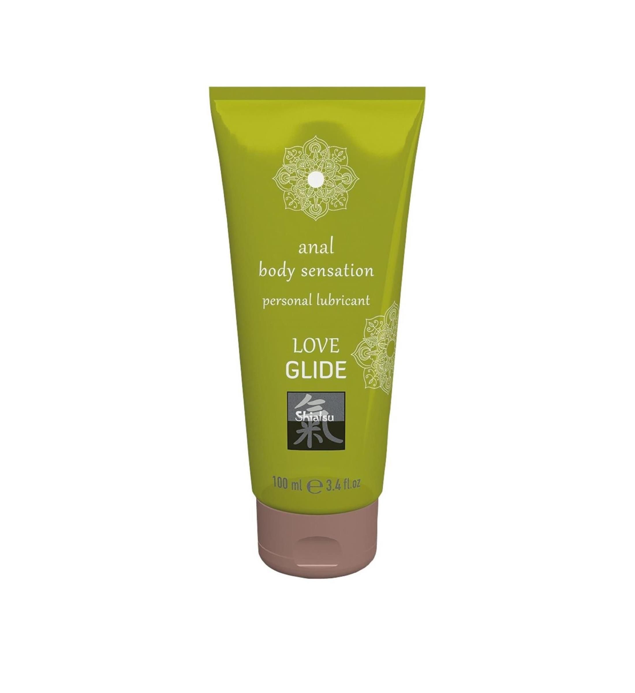 Grüne Tube mit braunem Verschluss. Aufschrift: "anal body sensation personal lubricant LOVE GLIDE". Logo und Schriftzug "Shiatsu".