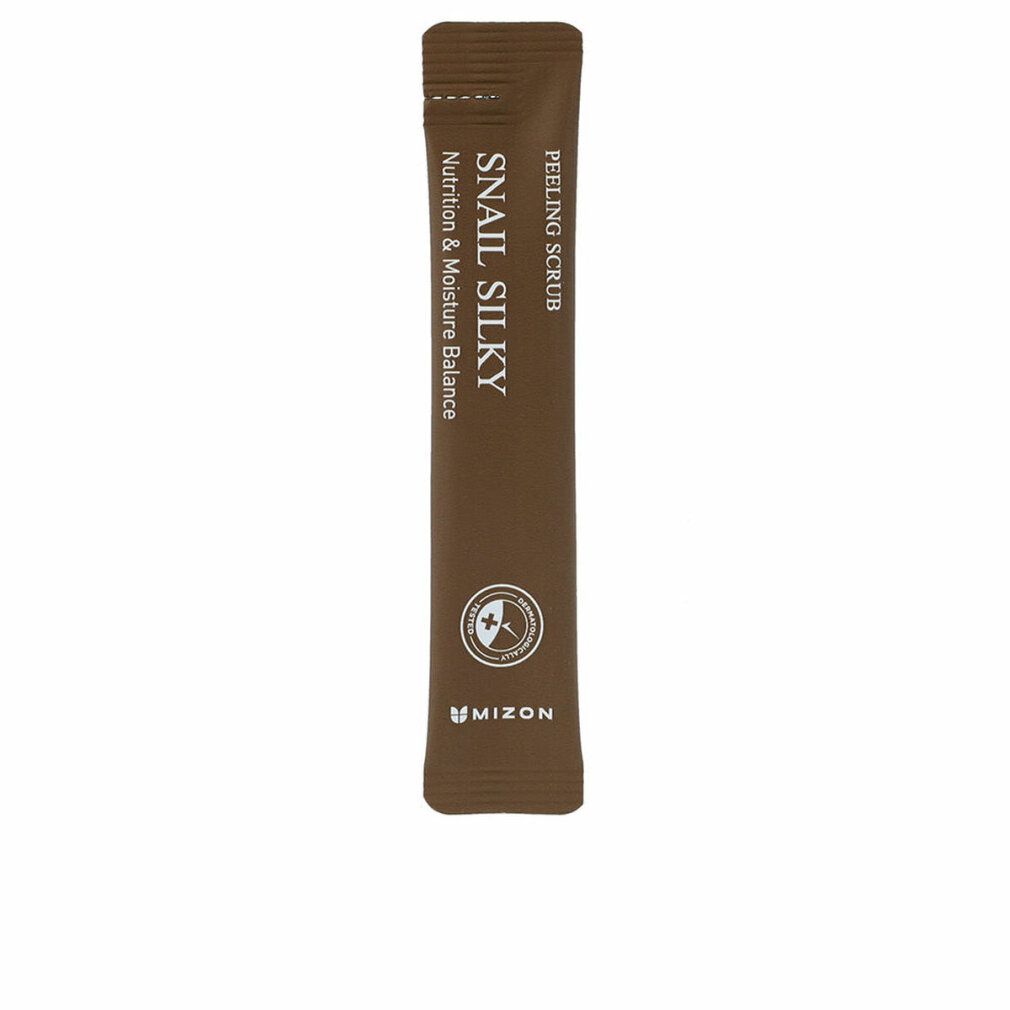 Brauner Produktbeutel. Aufschrift: Snail Silky, Peeling Scrub, MIZON. Mit Siegel.
