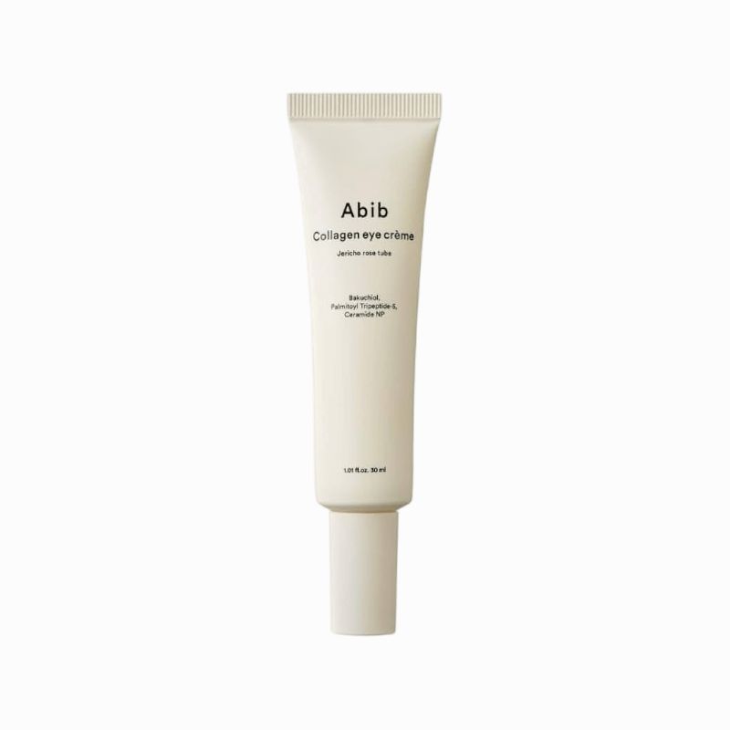 Creme-Tube mit Aufschrift "Abib Collagen eye crème". Beige Tube mit weißer Schrift. Inhaltsstoffe sind ebenfalls angegeben.