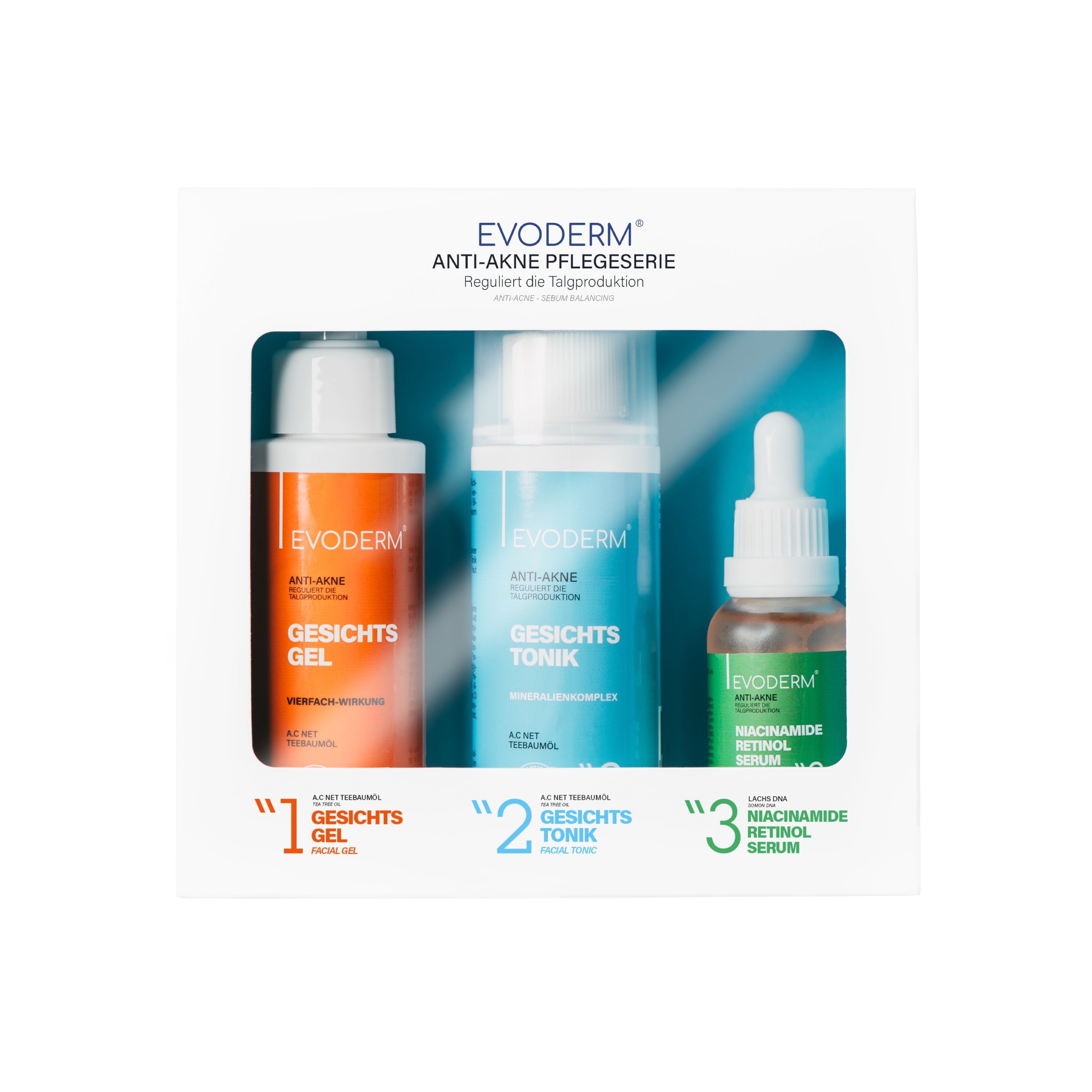 Gesichtspflegeset mit drei Produkten: Reinigungsgel, Gesichtstonik und Serum. Alle Produkte sind in weißen Flaschen verpackt.